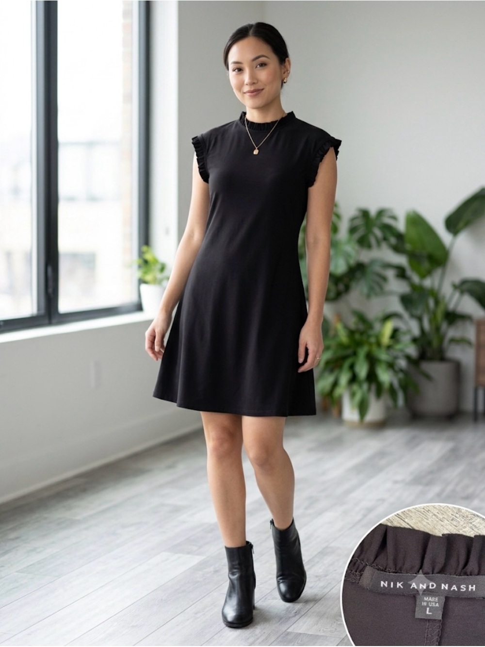Nik and Nash Black Ruffle Mock Neck Dress L LBD Cap Sleeve A Line Stretch Mini